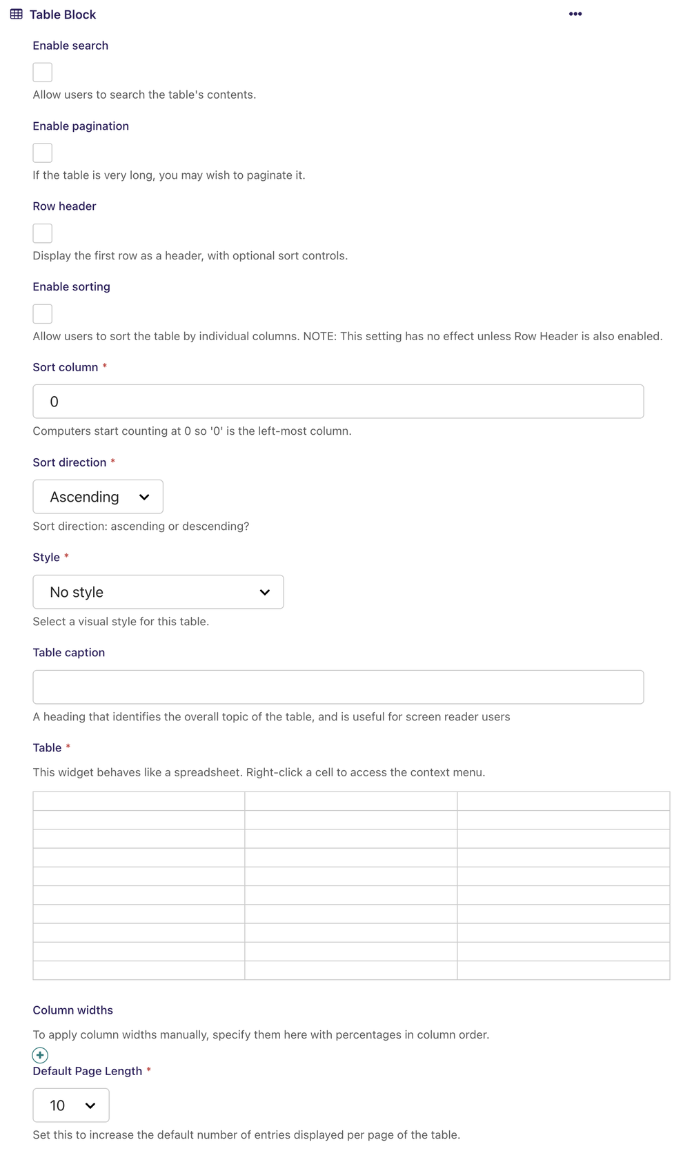 Table Block form screenshot