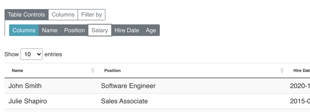 CSV Table Block columns control