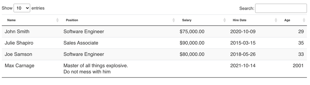 CSV Table Block striped screenshot