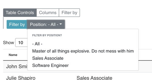 CSV Table Block filter screenshot