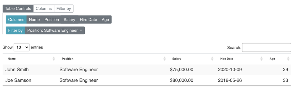 CSV Table Block filtered listing