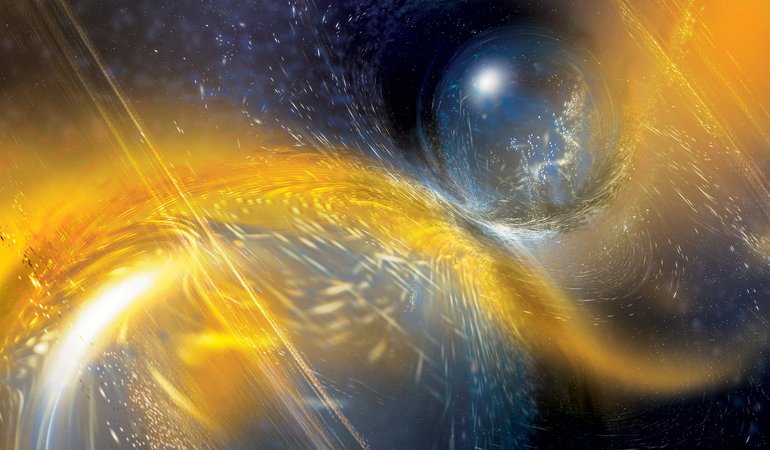 An artistic rendering of neutron stars merging.