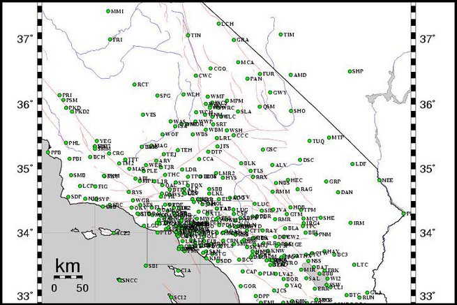 A map of stations in the Southern California Seismic Network.