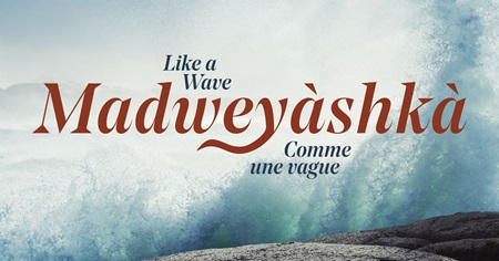 The words Like a Wave, Madweyàshkà, Comme une vague on an image of crashing waves.