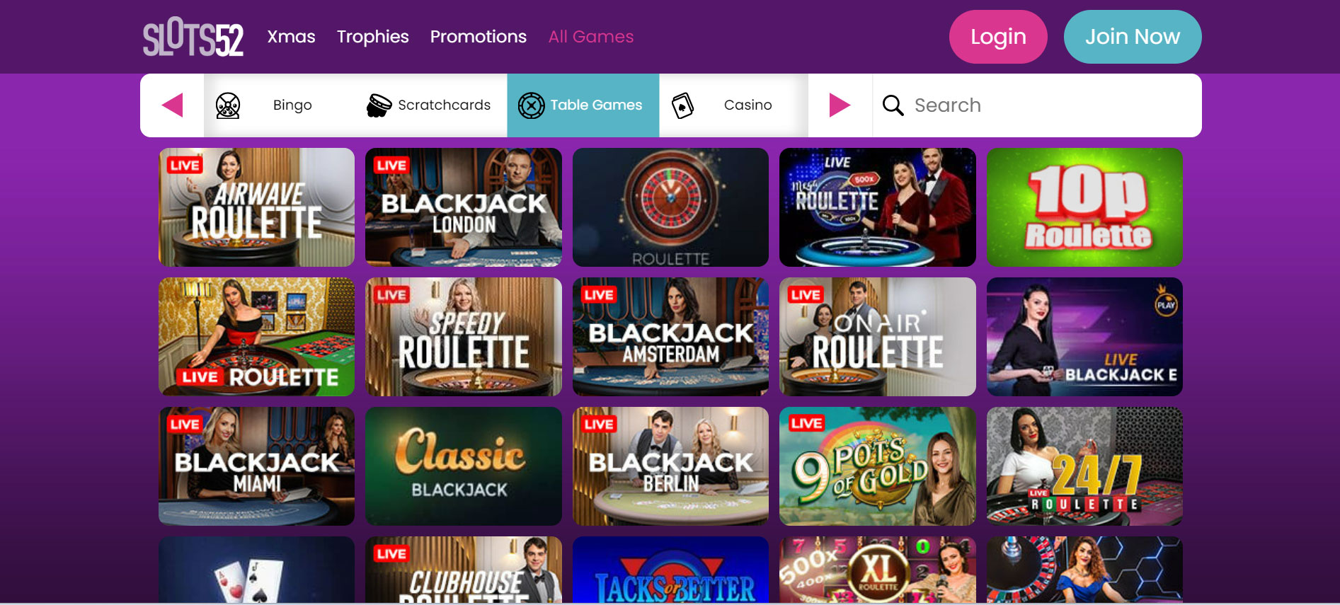 Slots52 Casino Table Games