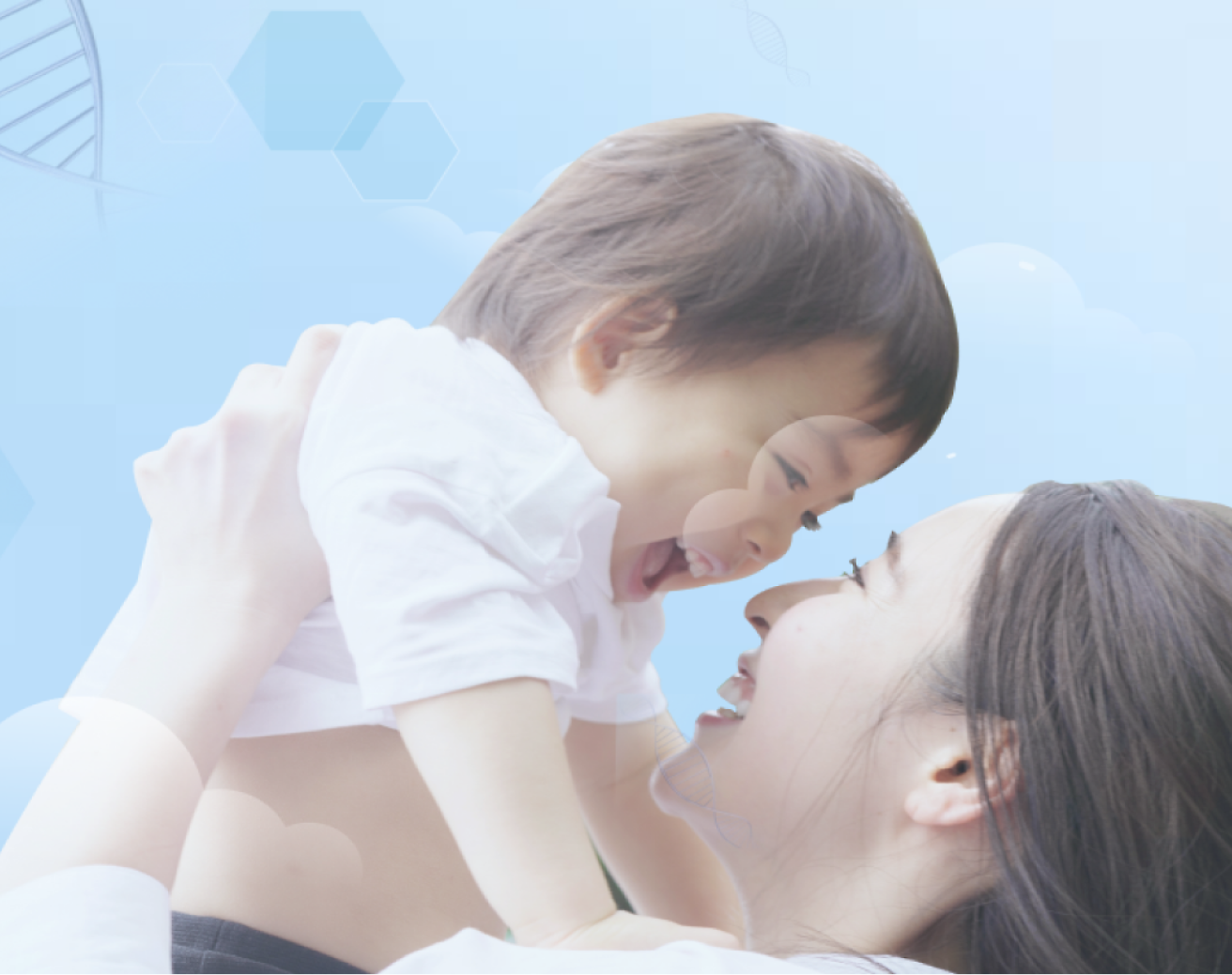 A joyful young child being held up in the air by their mother, both smiling against a soft blue background with light graphics.