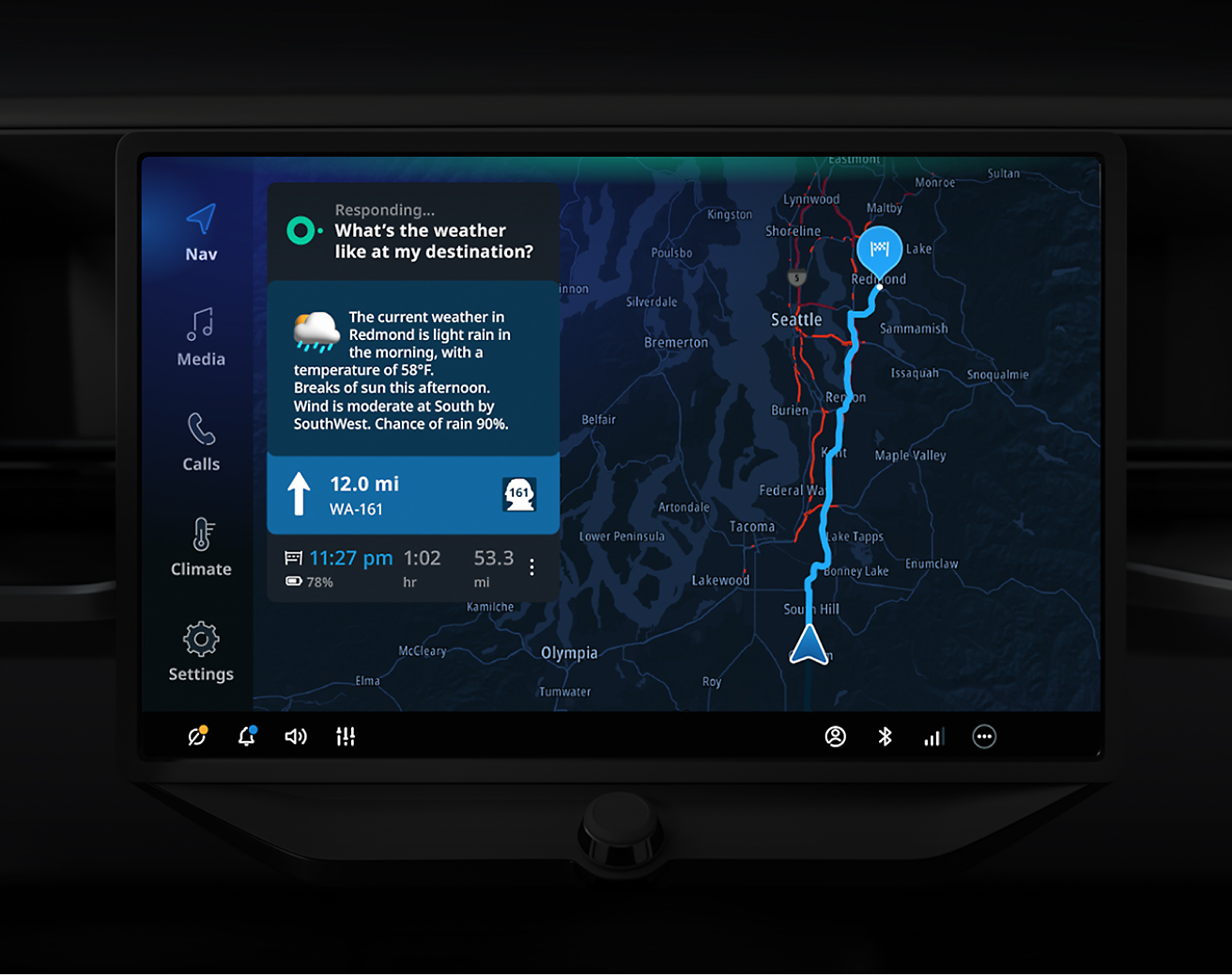 Car's touchscreen display showing a navigation map with a weather forecast for Seattle area and various control settings.