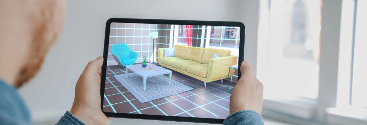 Augmented Reality furniture in an empty room, viewed on an tablet