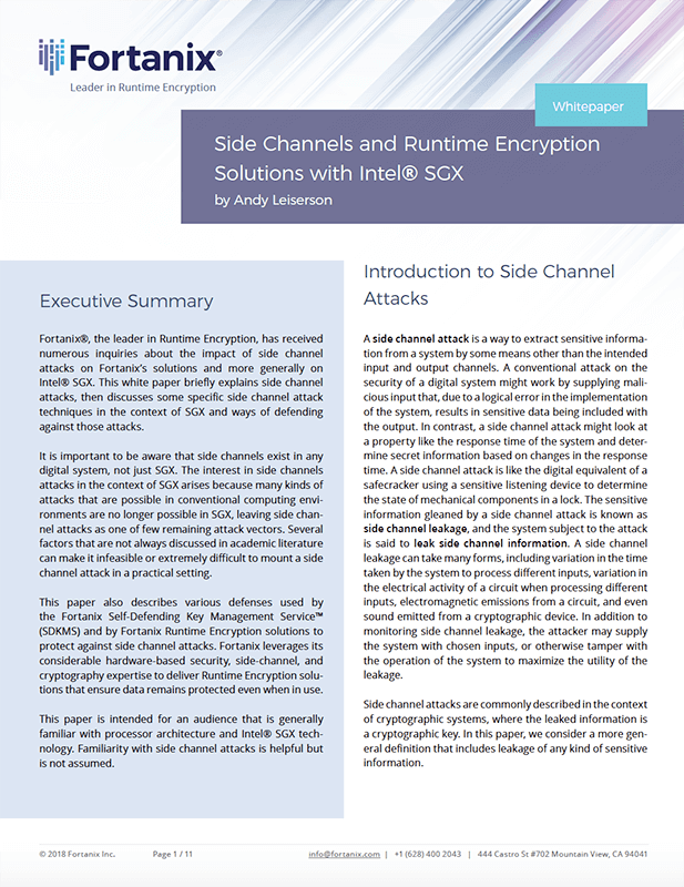 Side Channels and Runtime Encryption® Solutions with Intel® SGX