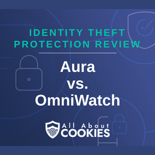 A blue background with images of locks and shields with the text “Aura vs. OmniWatch” and the All About Cookies logo.