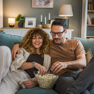 A couple eats popcorn as they watch a show from their couch.