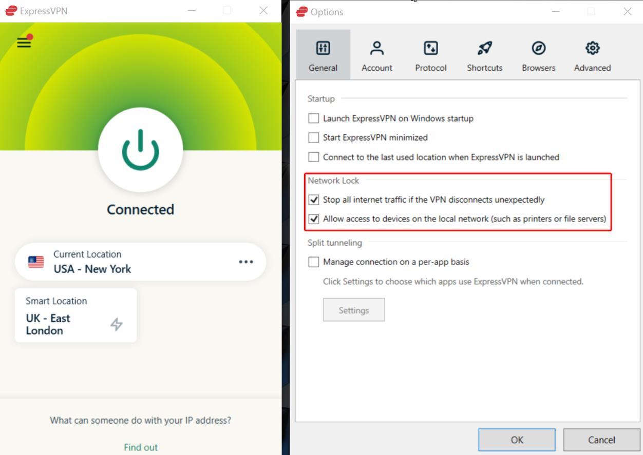 You can find the ExpressVPN kill switch feature under the Options menu and in the General tab. You can turn it on in the Network Lock section.