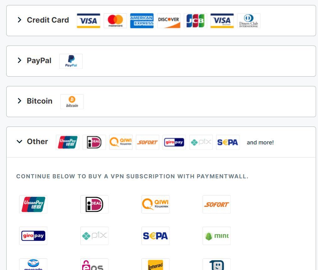 ExpressVPN supports a ton of different payment methods, including PayPal, bitcoin, Mint, UnionPay, and more.