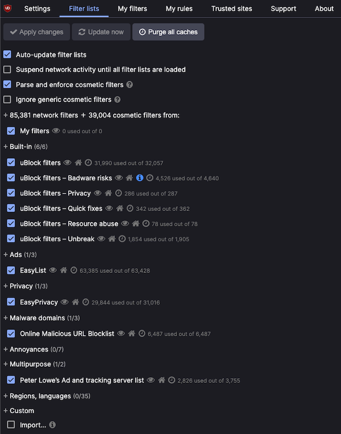 uBlock Origin's available filter lists and customization options