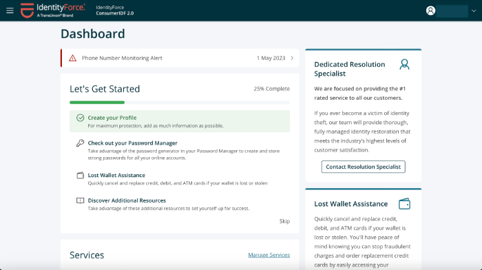 IdentityForce dashboard with a list of setup tasks.