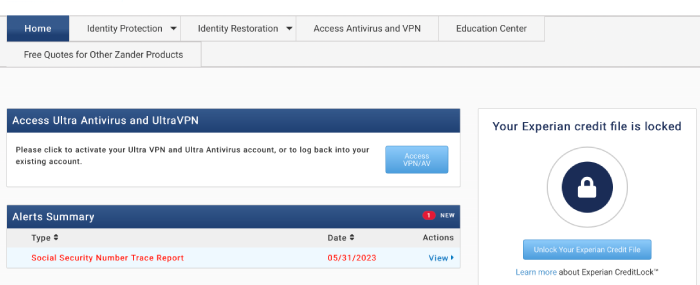 Zander's dashboard with access to its antivirus and VPN, alerts summary, and Experian credit lock.