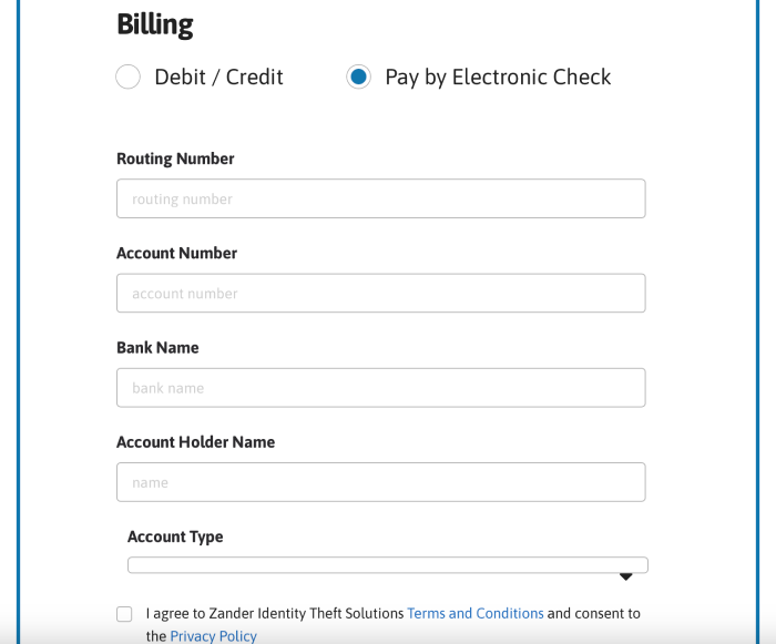 Zander's available payment options and payment form.