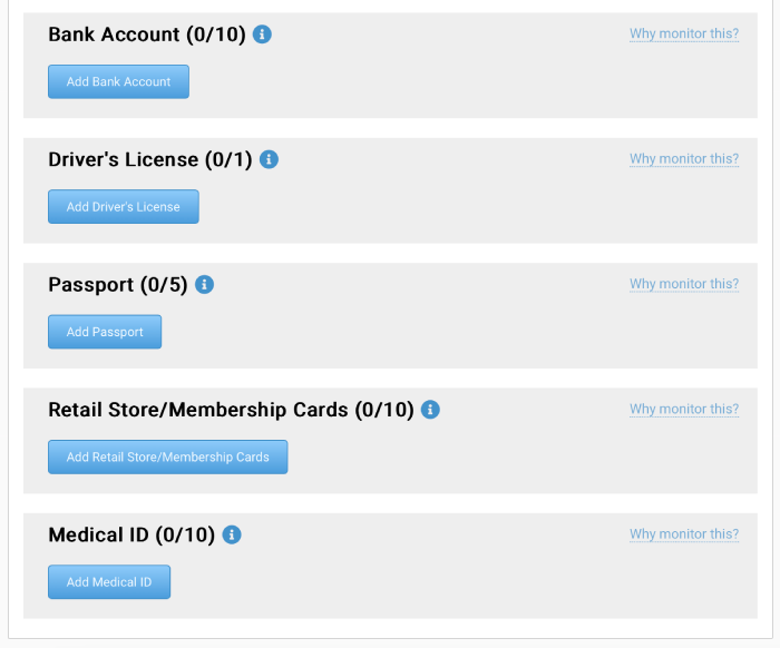 Zander's monitoring options for bank accounts, driver's licenses, passports, retail store/membership cards, and medical IDs.