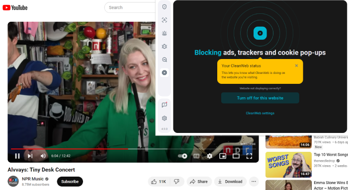 A TinyDesk Concert on YouTube. The Chrome extension for Surfshark shows that CleanWeb is on.