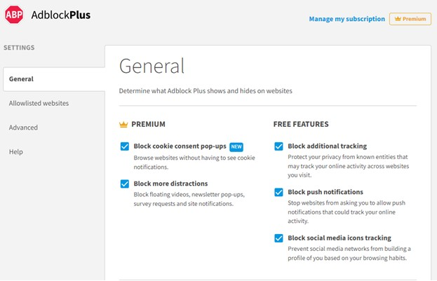 Adblock Plus anti-tracking features