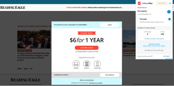 Adblock Plus doesn't bypass hard or soft paywalls: a screenshot of Reading Eagle paywall and Adblock Plus blocking zero ads.
