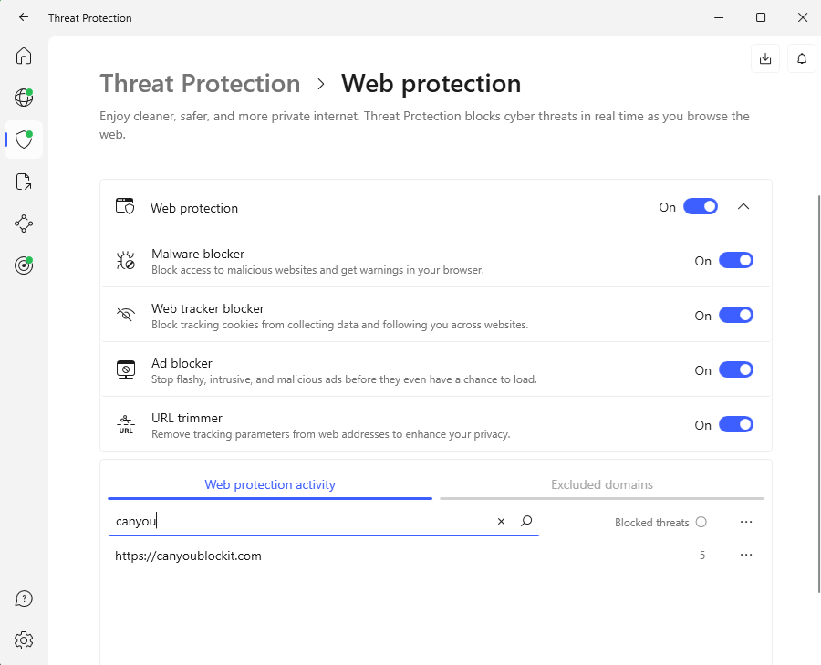 NordVPN Threat Protection's Web Protection Screen