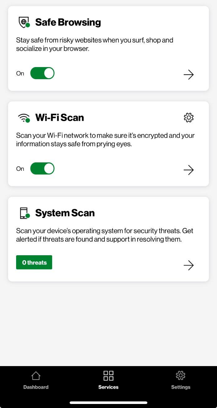 Verizon Digital Secure app dashboard.