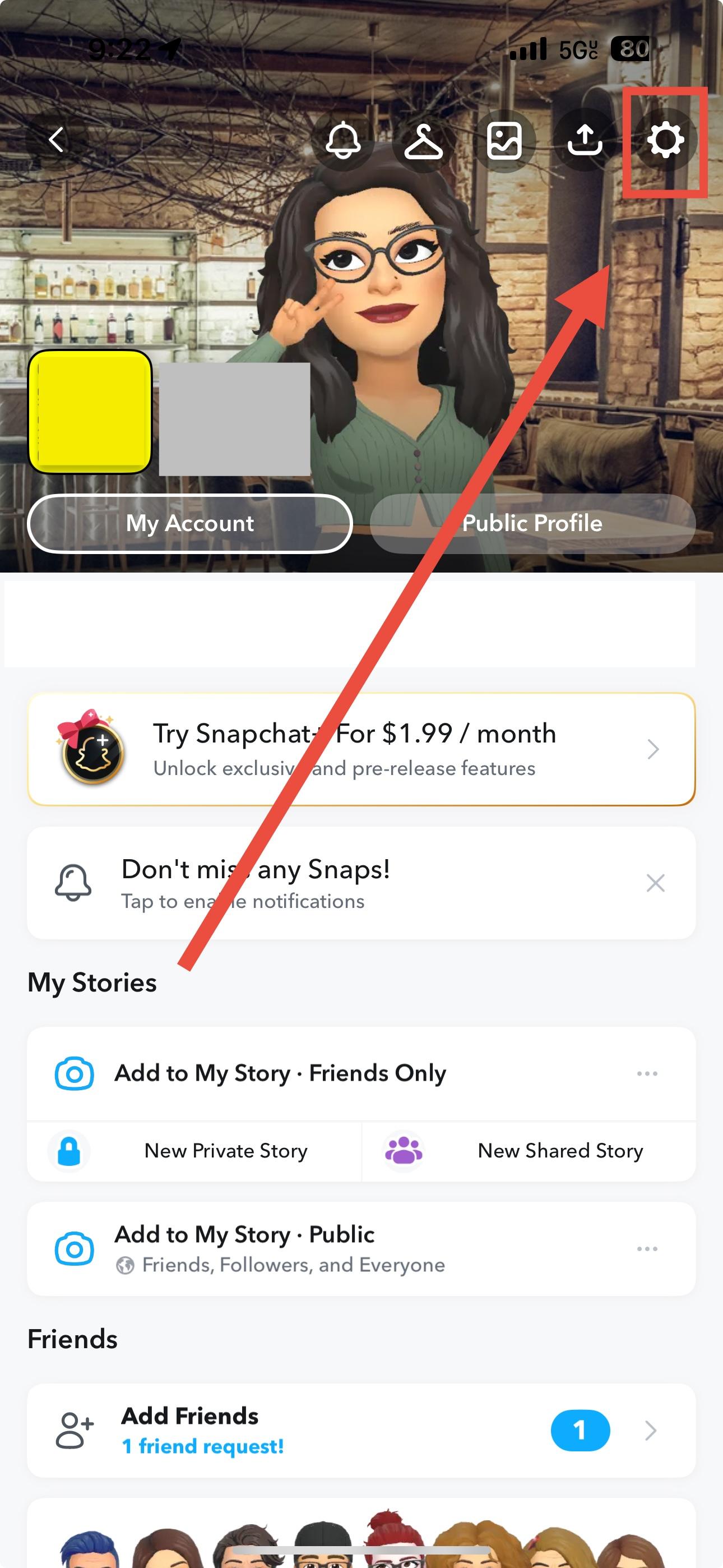 A screenshot of Snapchat with a red arrow pointing to the settings icon