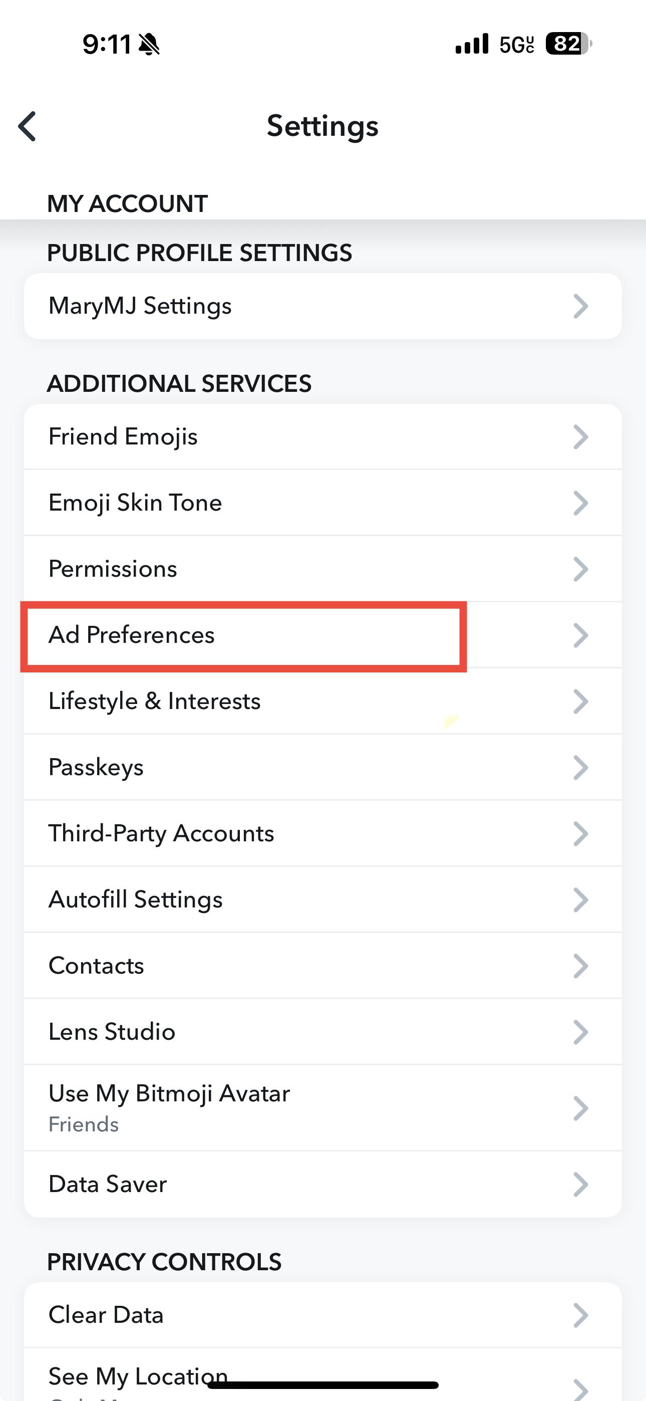 A screenshot of Snapchat settings with Ad Preferences highlighted