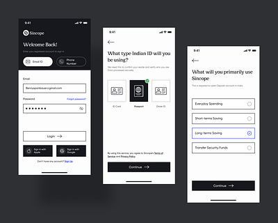 Sincope- Financial & Digital Wallet App Sign uo app appdesign branding design digitalwallet financeapp fintech graphic design login logo mobile app onboarding process signup process ui uidesign uiux