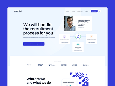 Onehire - hero section blue company header hero hero illustration hero section illustration landing light logotypes mosaic onepage pattern process illustration purple recruitment top trusted us ui ux