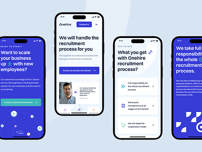 Onehire - mobile version agency carousel faq flow footer hero illustration landing mobile mosaic onepage pattern process recruitment reviews testimonials ui ux