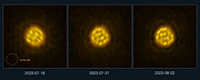 Three images in a row are labelled, from left to right, ‘2023-07-18,’ ‘2023-07-27,’ and ‘2023-08-02’, respectively. Each image shows a blurry, yellow sphere with dark and light patches, against a grainy, brown background. The patches move and change between each image. In the bottom left of the first image, the outline of a circle slightly smaller than the yellow sphere is labelled, ‘Earth’s orbit’.