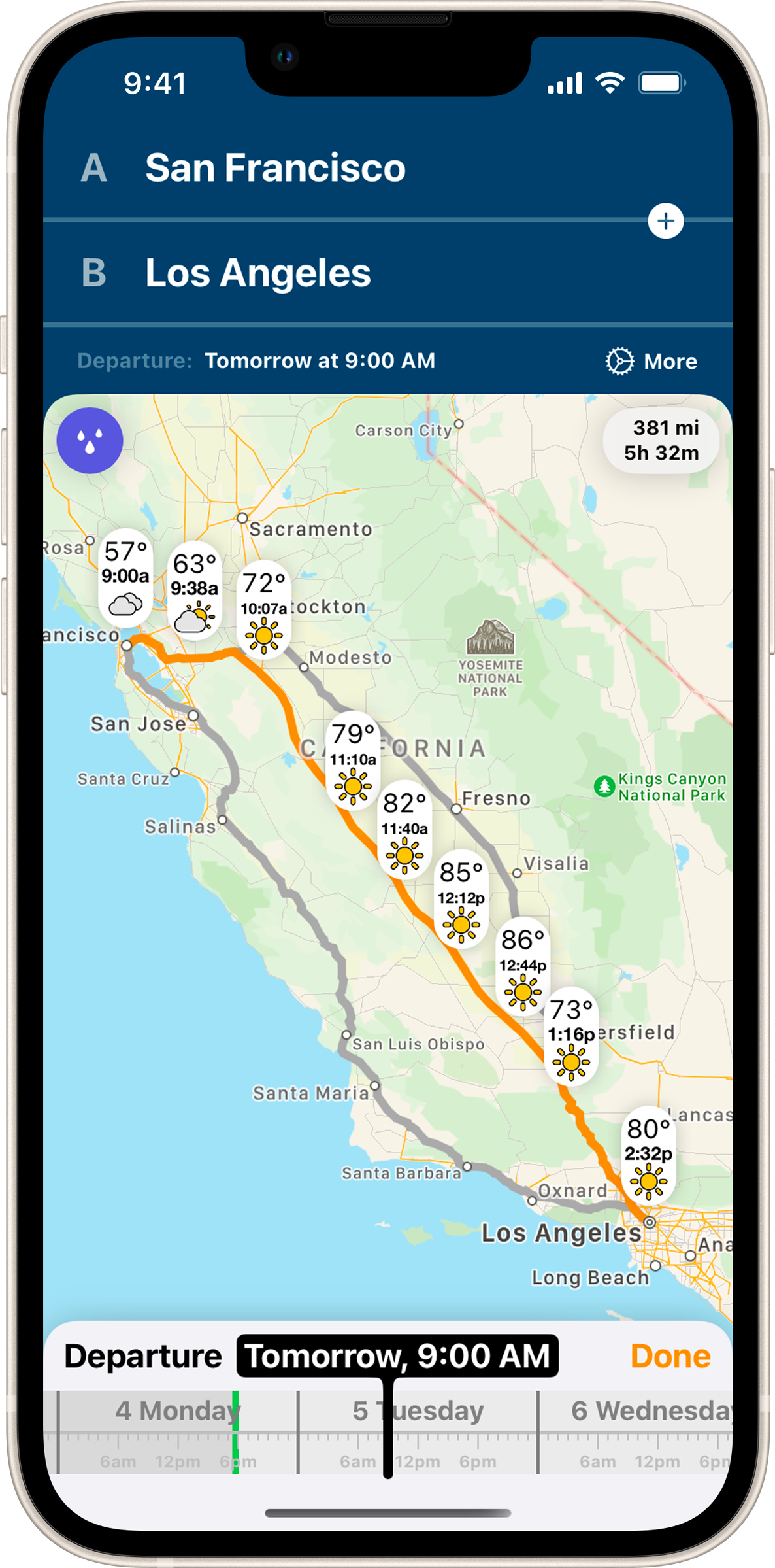 App showing departure time settings 