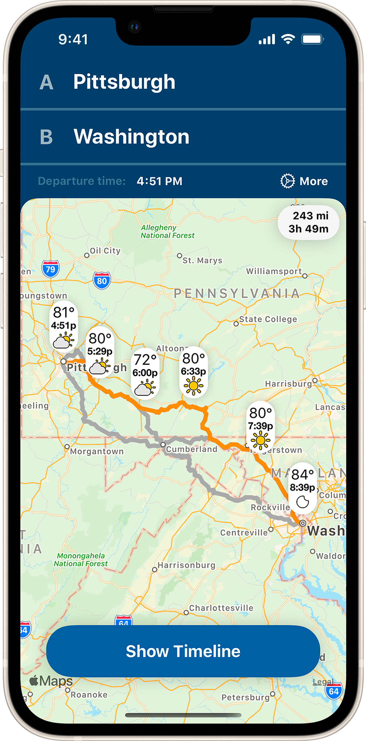 App showing map with alternative routes 