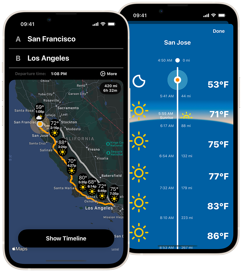 Two images of a phone running Weather on the  Way app