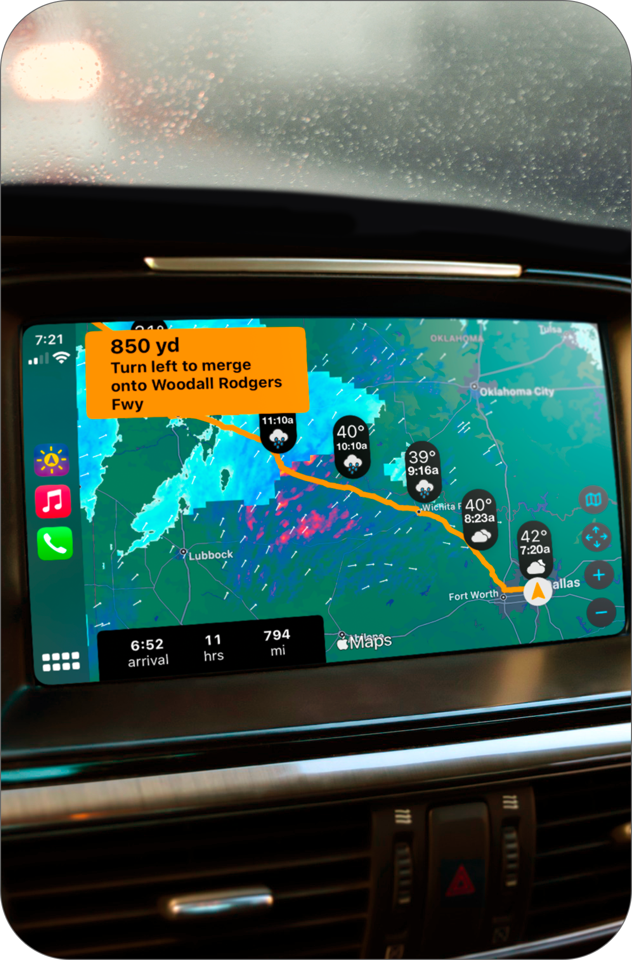 CarPlay screen with a weather radar