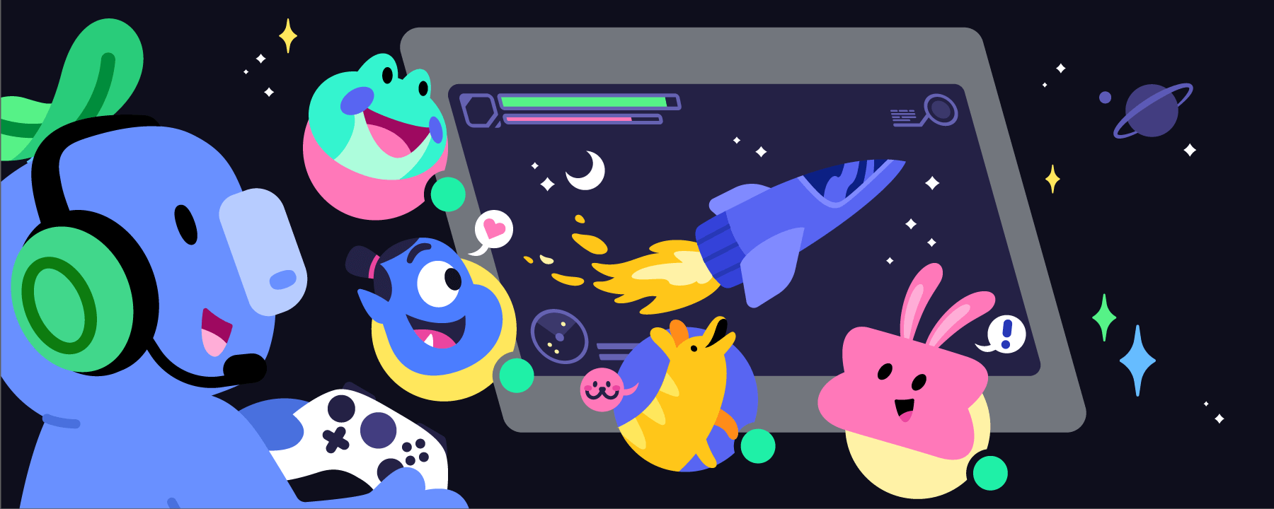 Wumpus is playing their cool space game while talking with their friends on Discord while holding a controller and wearing a gaming headset. Four friends are online, talking alongside Wumpus.