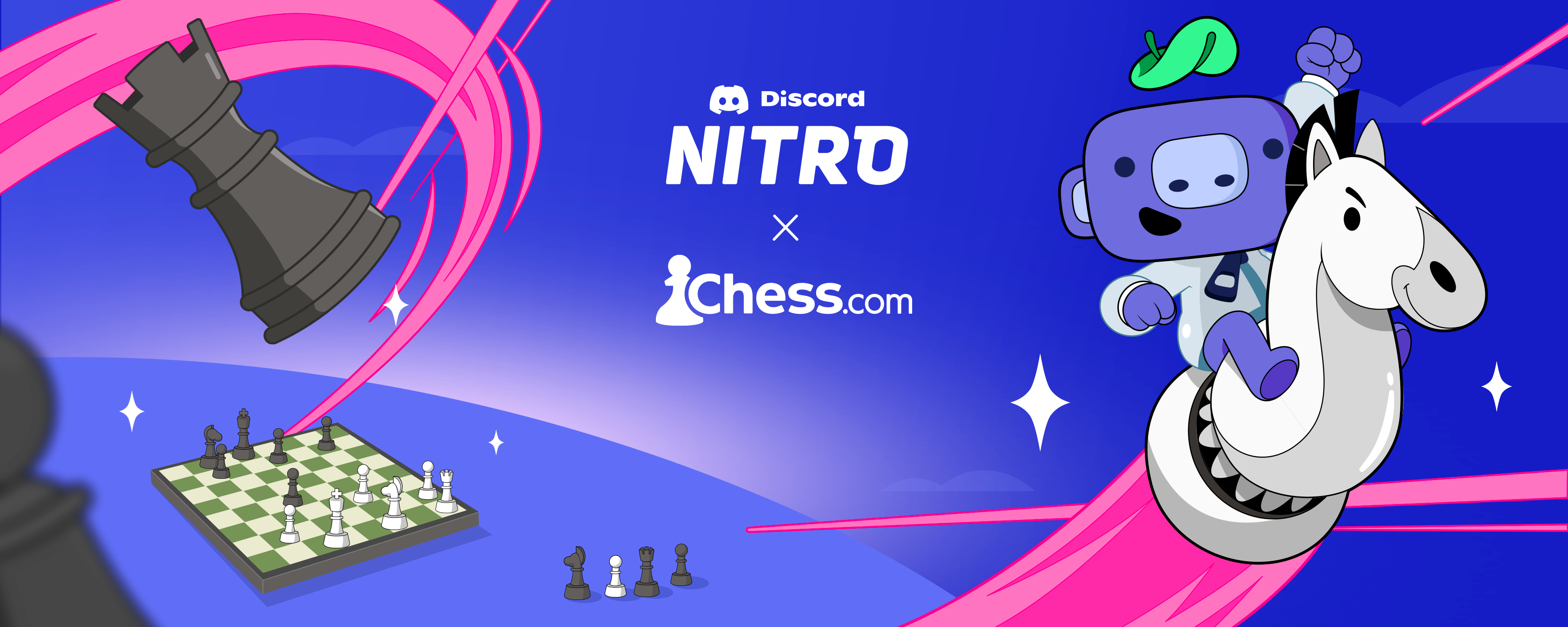 An illustration of Wumpus riding upon a giant Knight chess piece, flying off a chess board and soaring through the sky towards the viewer. The image reads: “Discord Nitro x Chess.com.