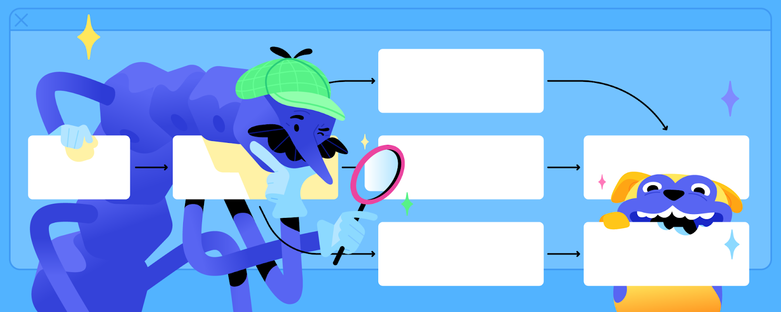 A long, worm-like creature wearing a detective outfit is inspecting a flowchart. A small dog is on the right side, peeking over the flowchart.