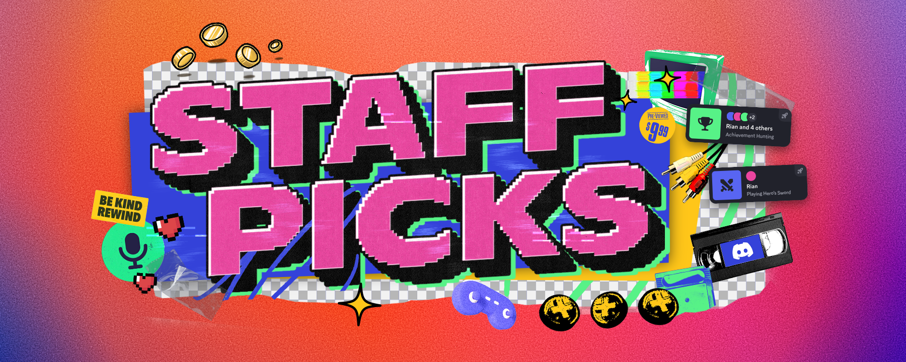 A stylized header that says “Staff Picks.” Icons and imagery of gamepads, microphone icons, VHS tapes, and in-app Activity statuses. 