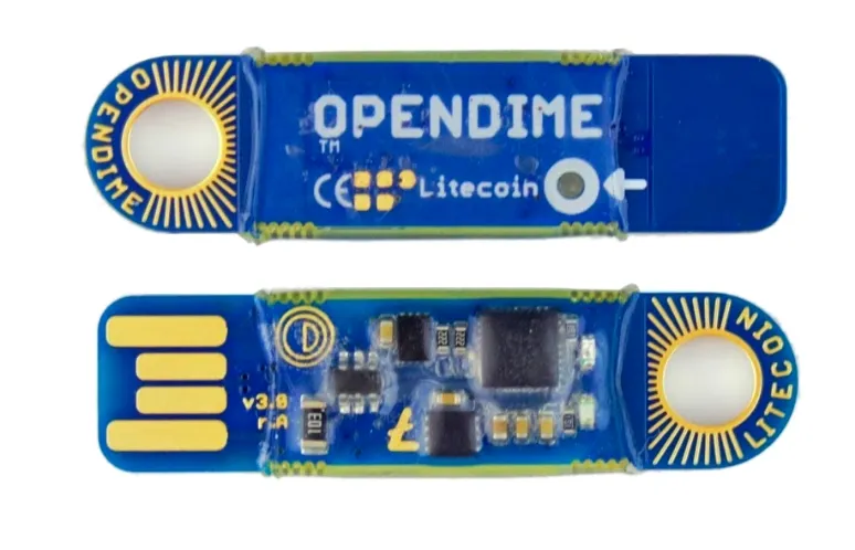 Small blue and yellow opendime hardware wallet