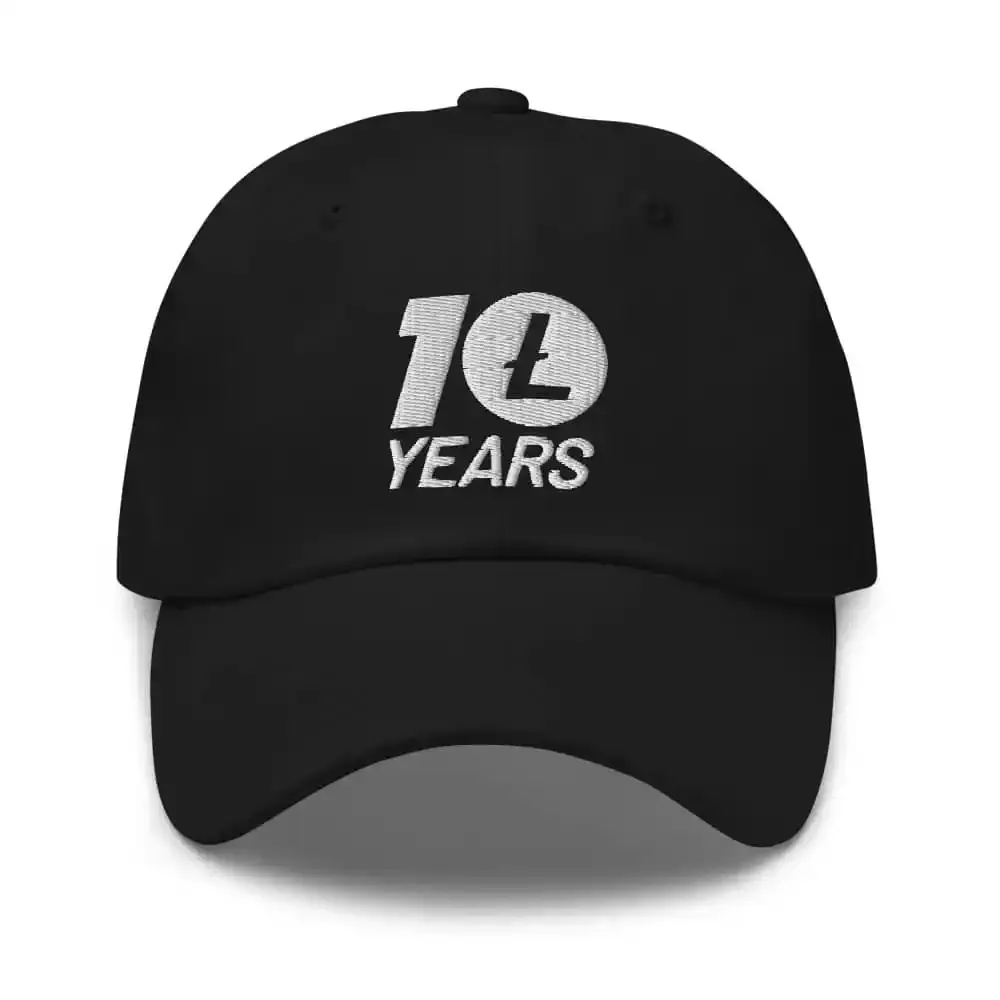 Black cap with curved brim and silver Litecoin 10years logo on front
