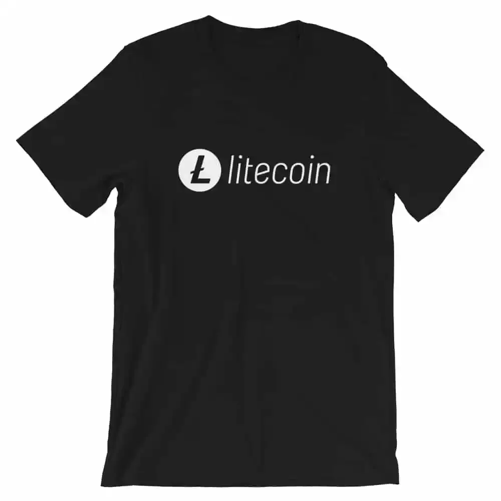 Black short sleeved tshirt with white litecoin logo on chest
