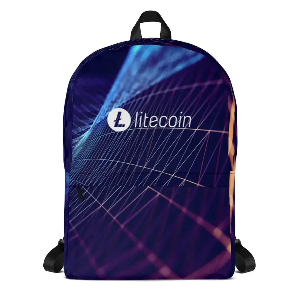 Dark blue backpack with multicoloured lines and litecoin logo