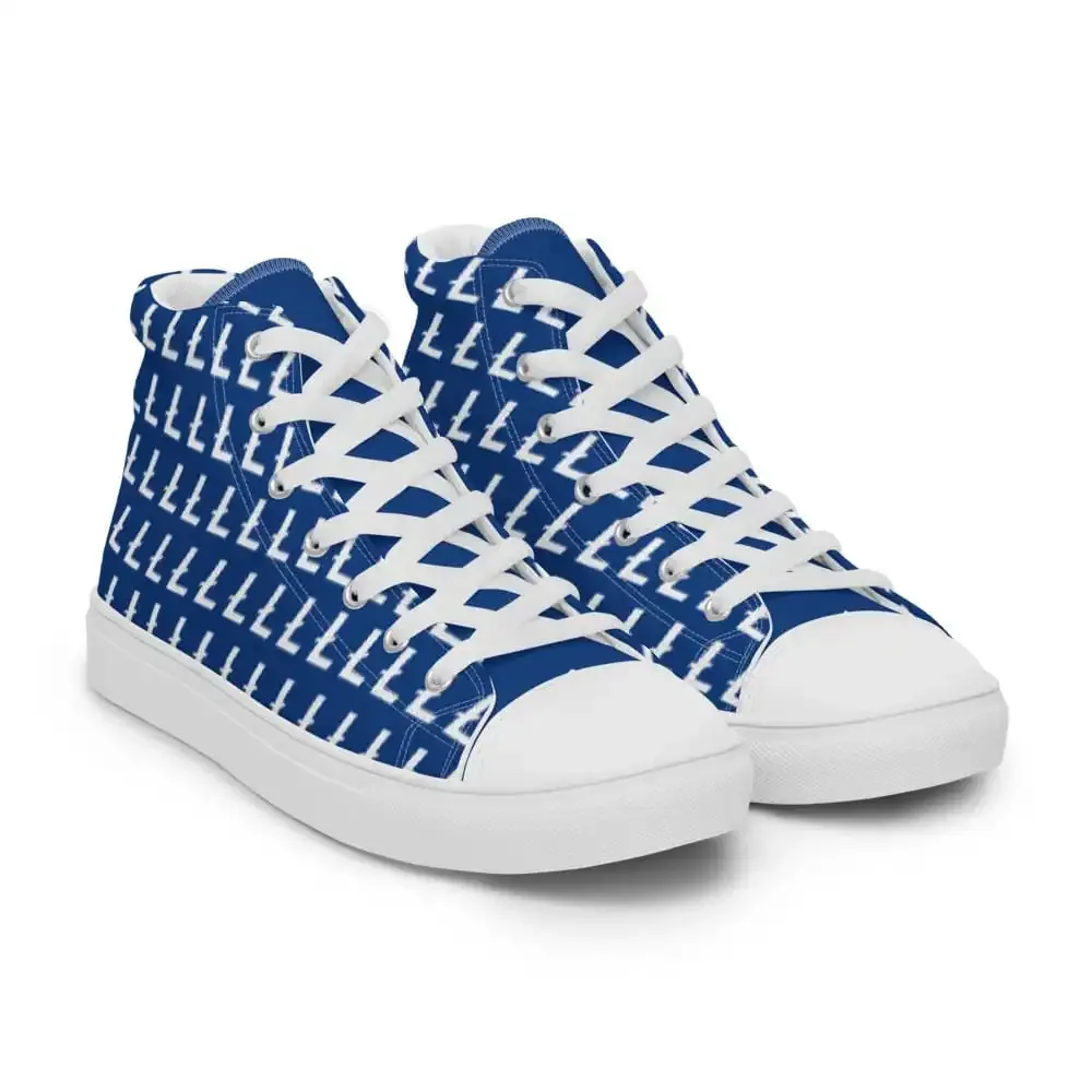 White and blue lace up sneakers with litecoin logo in repeat pattern
