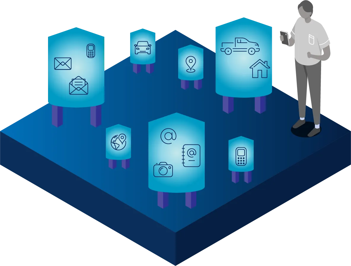 Man standing in a field of siloed data. Data is separated, difficult to keep track of and update because they are stored by different companies. 