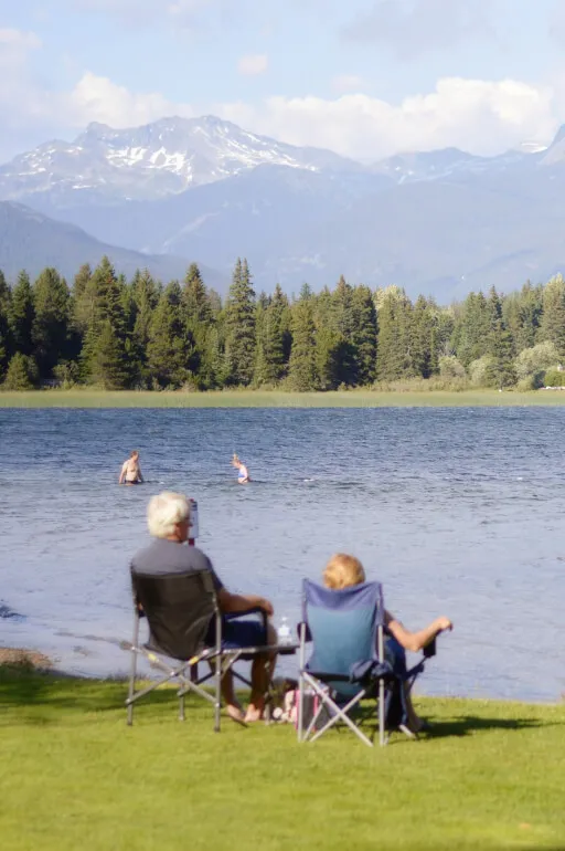 two people sitting in lawn chairs near the water