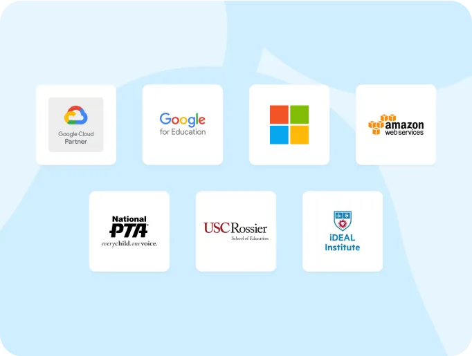 Google Cloud Partner, Google for Education, Microsoft, Amazon web services, National PTA, USC Rossier, iDeal Institute, and YouTube logos.