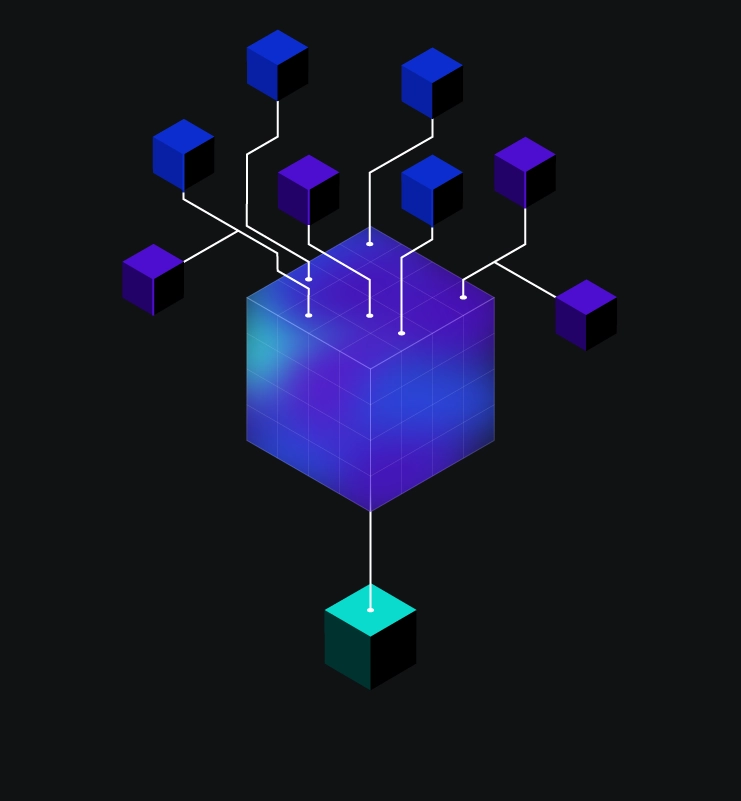 Abstract 3D illustration showing a central cube connected to multiple smaller cubes, representing simplified orchestration of microservices.
